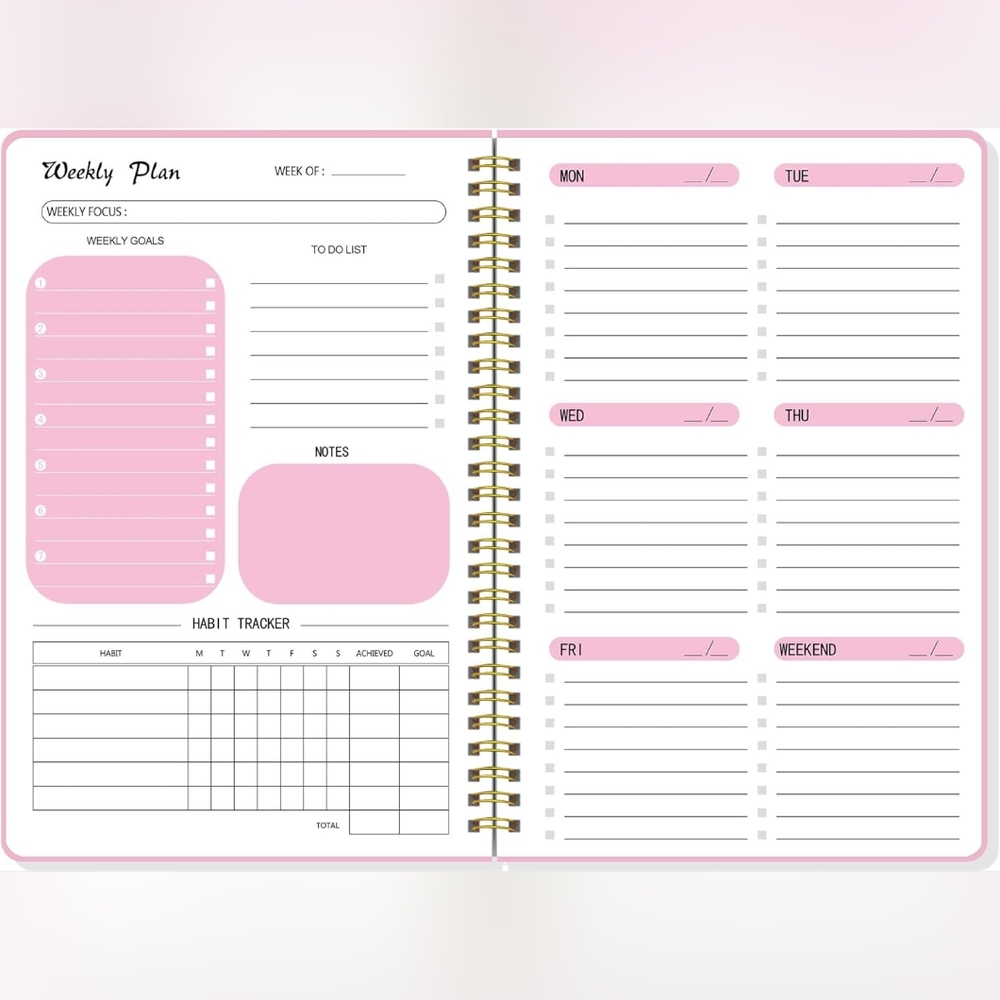Aesthetic, Undated, 100-Page, Spiral Notebook - Weekly Planner in Pink (5.8"x8")